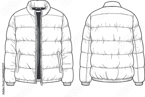 Vector illustration of padded puffer jacket, front and back view, fashion flat sketch, winter outerwear, warm quilted coat design, clothing template