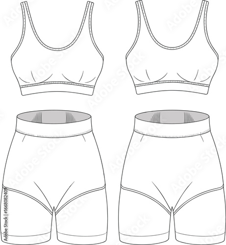 Women’s sports bra and high waist shorts vector fashion flat sketch, activewear design template, athletic fitness underwear illustration, seamless workout clothing technical drawing