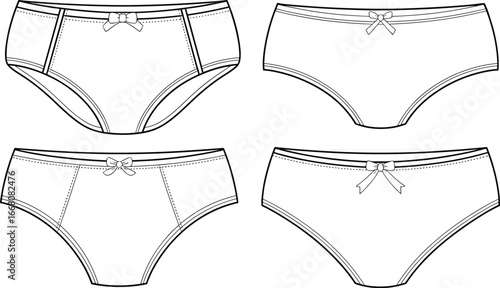 Women’s underwear fashion flat sketch vector illustration, panties design template with bow details, front and back view, lingerie clothing outline for apparel design