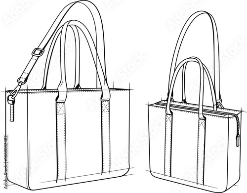 Women’s tote bag vector illustration with long strap and short handle, fashion accessory design, leather handbag template, stylish shopping bag outline sketch