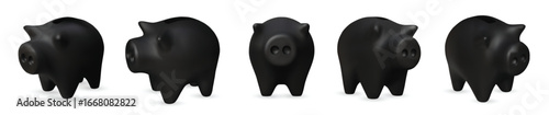 Set Minimalist 3D black piggy bank collection perfect for financial design, banking apps, money saving concepts, and investment promotions.