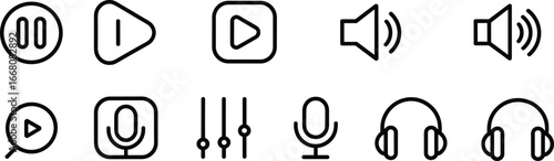 Audio control icons, play button, pause, speaker volume, microphone, headphones, mixer sliders, sound, recording, music player, flat vector illustration