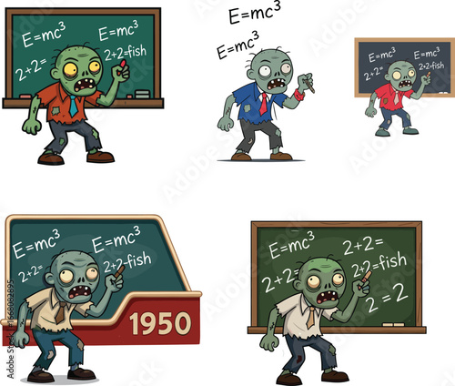 Funny cartoon zombie teacher in classroom with chalkboard, math equations, humorous undead educator illustration for school, Halloween, comic or animation