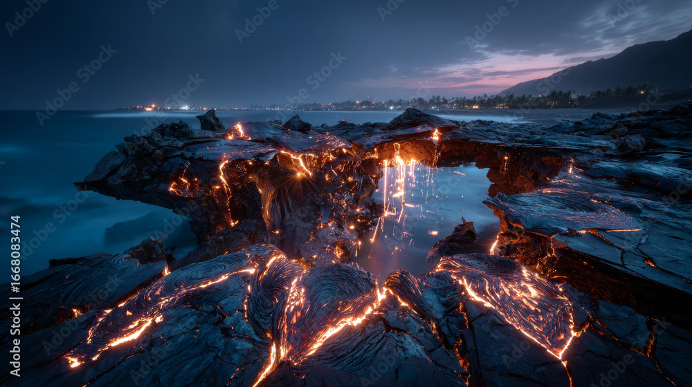 Fototapeta premium Ground cracks with lava, hot molten magma in breaks on land surface. Vector realistic set of fissure in ground from volcano or earthquake, fractures with liquid lava isolated on black background