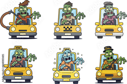 Cartoon zombie taxi drivers in yellow cabs, funny undead characters driving cars, Halloween illustration for games, animation, comics, or stickers