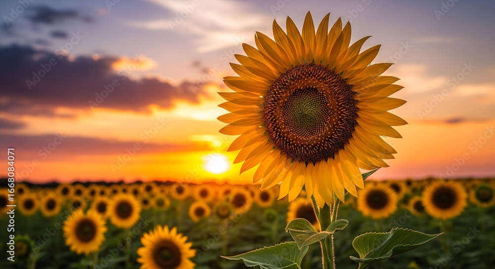 Fototapeta premium Sunflower Field at Sunset: Radiant Golden Blooms