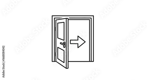 Exit icon showing an open door and a forward arrow symbol for navigation, escape route, or opportunity concept