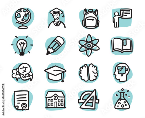 Science and Education. Set of hand-drawn conceptual illustrations. Cartoon style in vector.