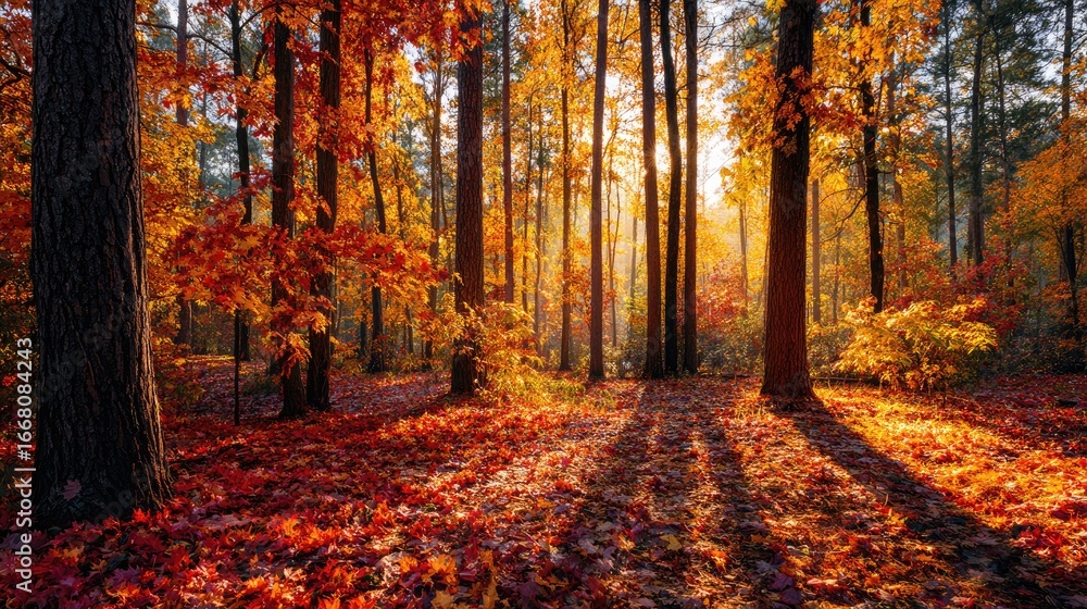 Obraz premium Autumnal forest bathed in golden sunlight