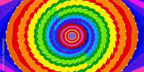 A vibrant tie-dye spiral pattern with bold, saturated rainbow colors including red, orange, yellow, green, blue, and purple. The design radiates outward from the center in a hypnotic swirl, creating a