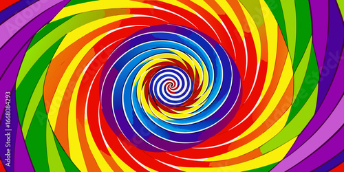 A vibrant tie-dye spiral pattern with bold, saturated rainbow colors including red, orange, yellow, green, blue, and purple. The design radiates outward from the center in a hypnotic swirl, creating a