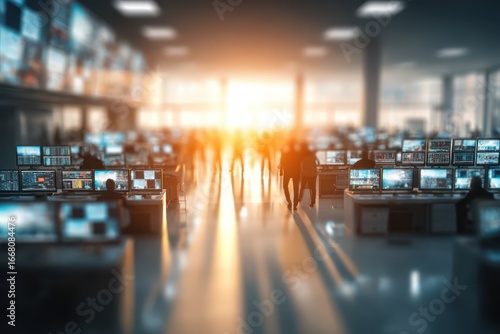 Wallpaper Mural Modern control room filled with data screens, busy professionals, and a bright, hopeful light. Torontodigital.ca