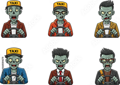 Cartoon zombie taxi drivers front view, creepy undead characters holding steering wheels, Halloween cab driver illustrations for games, comics, animations