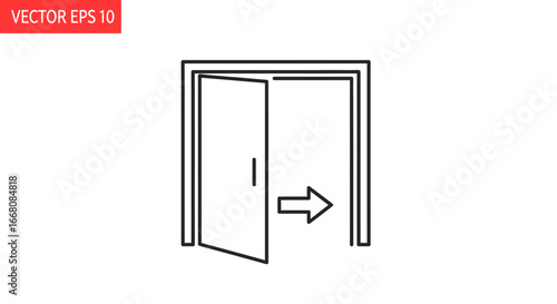 Exit icon showing an open doorway and an arrow for direction. Vector line symbol for emergency escape, way out, or leaving a room