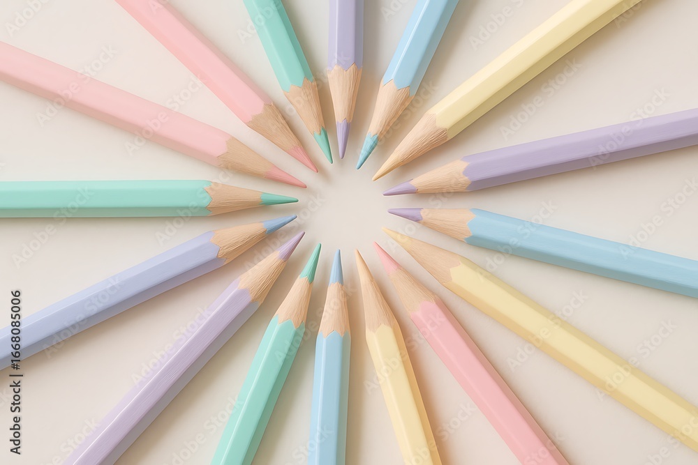 Fototapeta premium Colorful arranged pencils in a circular pattern on a plain background
