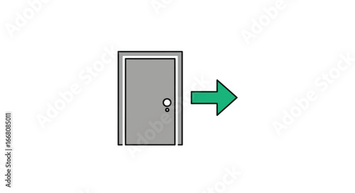Illustration of a grey door with a green arrow pointing to the right, indicating an exit or direction