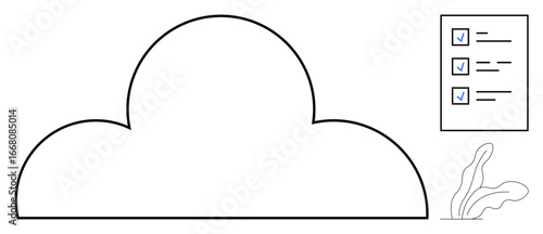 Cloud outline next to checklist with ticked items, abstract shapes. Ideal for cloud storage, productivity, organization, data management, planning, remote work, simple flat metaphor