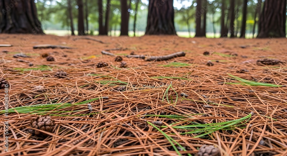 Obraz premium Forest floor covered in pine needles and pinecones