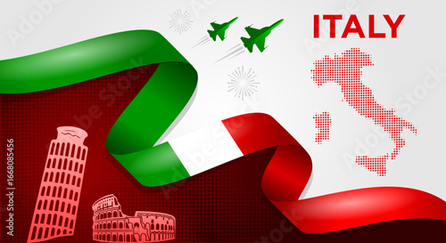 Italy National Day Banner with Flag Ribbon and Landmarks