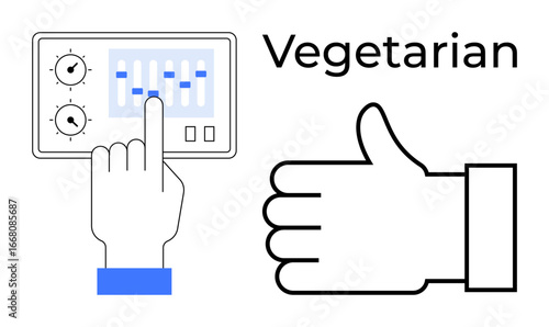 Control panel with sliders, hand making adjustments, thumbs-up signal, and Vegetarian text. Ideal for food preferences, diet, health choices, approval, customization technology simple landing page