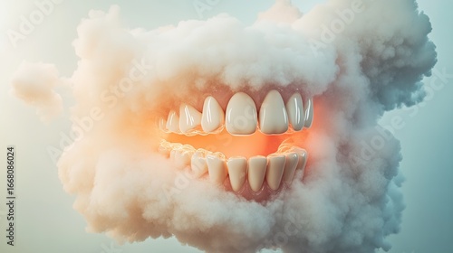Smiling teeth emerge from misty cloud, creating surreal and whim