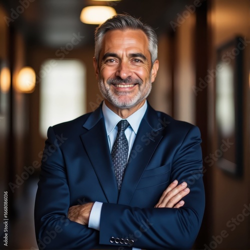Happy confident mature latin business man standing in office hall portrait smiling mid aged older corporate manager successful professional executive investor looking at camera with arms crossed P