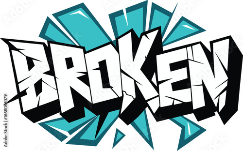 Broken graffiti art with shattered teal accents