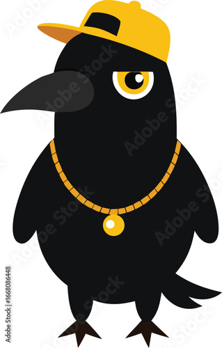 Cool black bird wearing a yellow baseball cap and gold chain