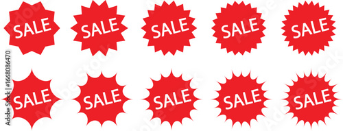 Set of sale stickers, price tags, discount labels, starburst icons, red sunburst promo badges, glossy offer tags, vintage promotional label collection.