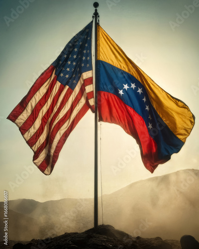 waving national flags of the USA and Venezuela against the backdrop of mountains and sky