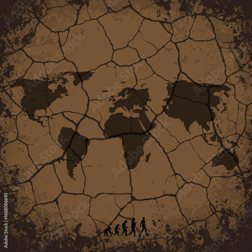 Cracked earth background with illustration of world continents symbolizing climate change and global environmental destruction