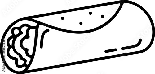 A simple black and white line drawing of a burrito with visible filling and dotted surface texture