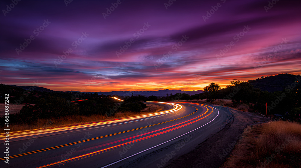 Naklejka premium Scenic twilight road with illuminated car trails and vibrant purple orange horizon perfect travel backdrop