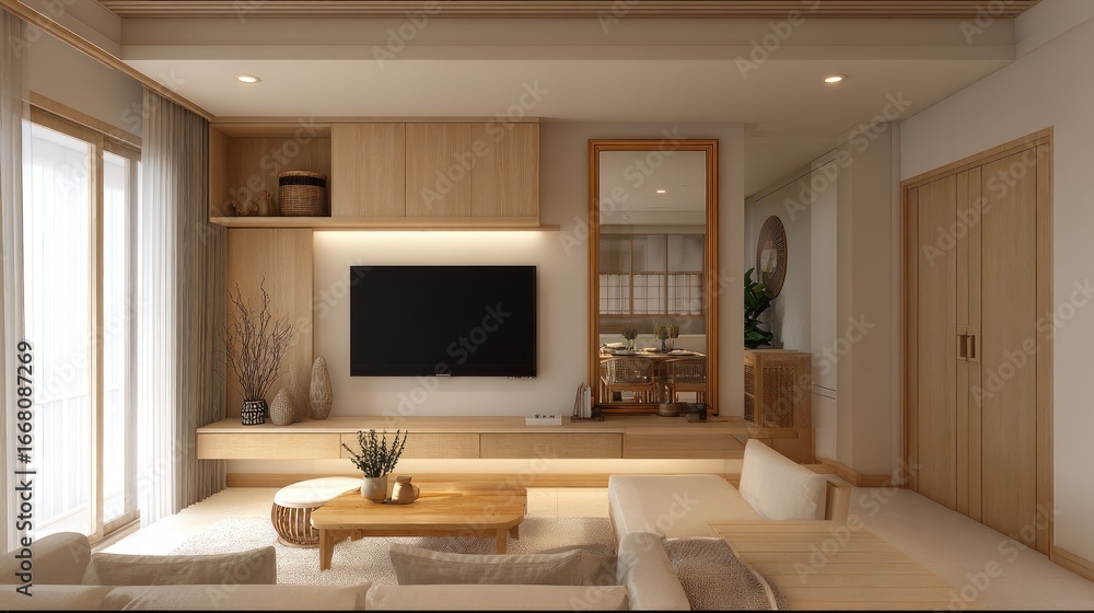 Fototapeta premium Cozy, well-lit modern living space with neutral tones, wood accents, and large mirror