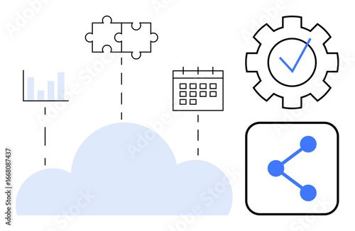 Cloud with bar chart, puzzle pieces, calendar, gear with checkmark, and share network. Ideal for collaboration, workflow, data analysis, planning task management automation simple landing page