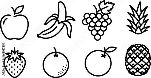 Line art illustration of various fruits including apple banana grapes strawberry and pineapples oranges