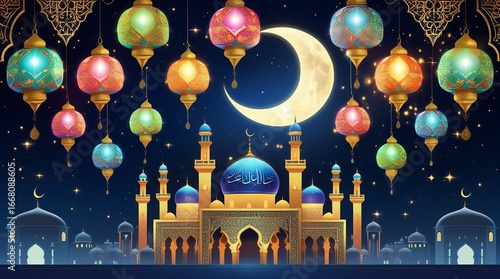 Stunning Ramadan lanterns and mosque illuminated at night under crescent moon
