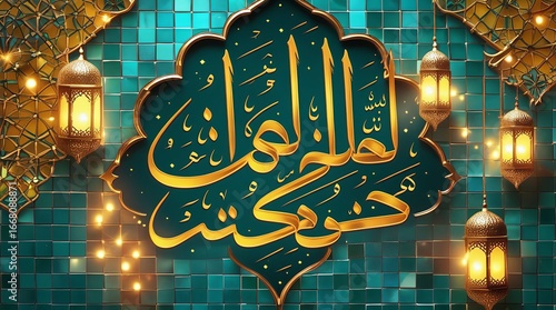Elegant Islamic calligraphy with lanterns, perfect for Ramadan or Eid designs