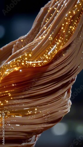 A close-up of flowing golden fabric adorned with shimmering particles creates a mesmerizing abstract effect, showcasing elegance and movement