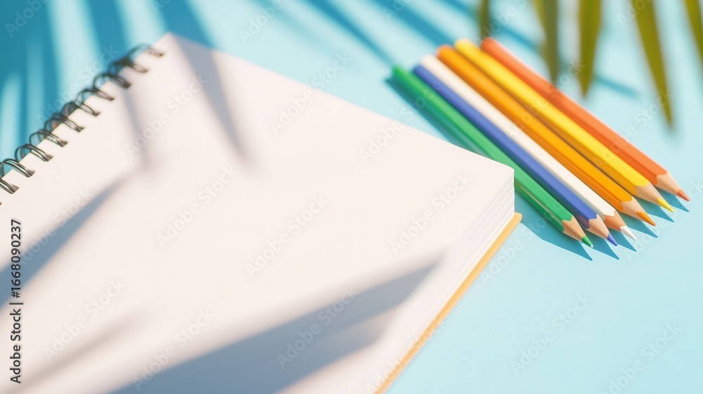 Fototapeta premium Blank sketchbook and colored pencils arranged on a bright blue table under dappled sunlight