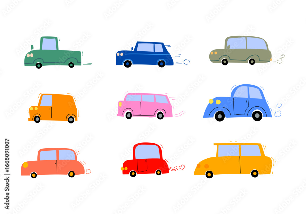 Cute cartoon cars, tranportation in children's style hand drawn vector illustration collection. Simple funny car isolated on white background. Cute cartoon cars, tranportation in children's style hand drawn vector illustration collection. Simple funny car isolated on white background.