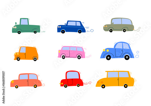 Cute cartoon cars, tranportation in children's style hand drawn vector illustration collection. Simple funny car isolated on white background.