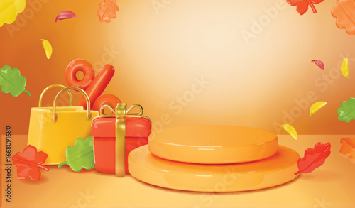 Autumn round podium with falling leaves and gift boxes. Empty stage in orange colors with autumnal foliage and percentage sign. Discount poster