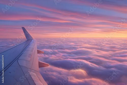 Sunrise airplane window scene with wing soft colorful sky and glowing cloud layer peaceful travel backdrop