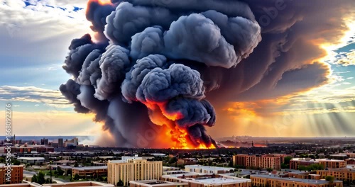 Massive nuclear bomb cloud of smoke rises over a cityscape during sunset. War related concept.