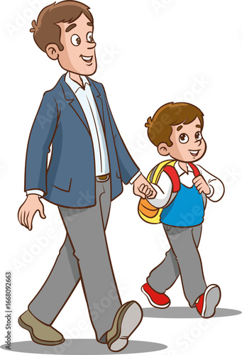 Vector illustration of a father and son walking on a white background.father and son going to school.father and son returning home.family concept.