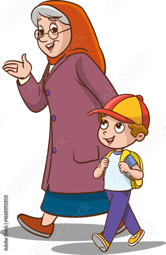 Old woman and granddaughter walking on the street, vector illustration. Cute grandmother spending time with her grandson outdoors. Elderly people enjoying walk