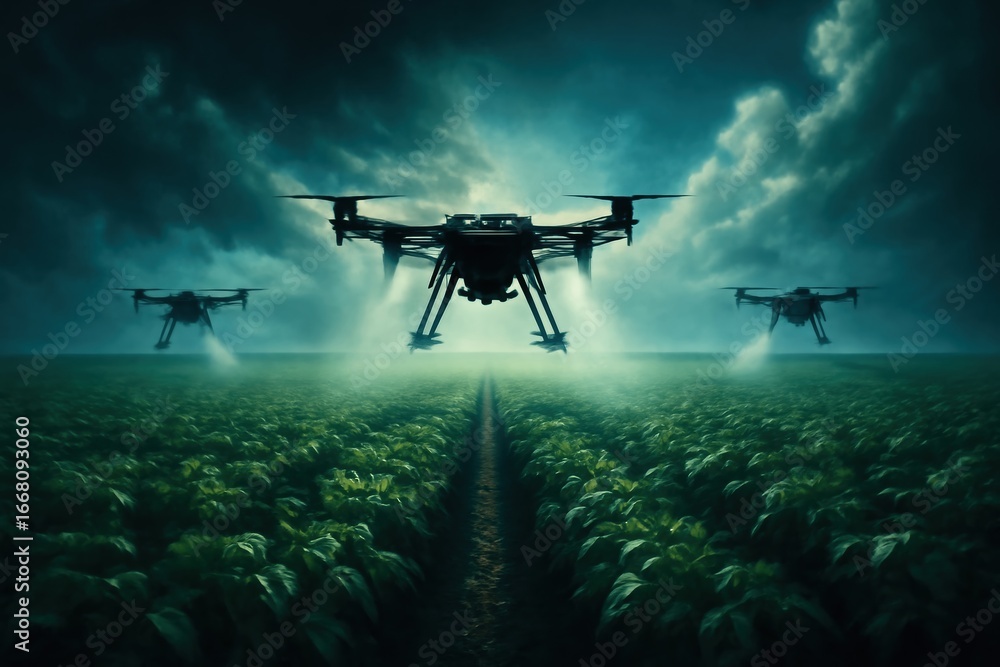 Naklejka premium A drone spraying pesticides over a wide field