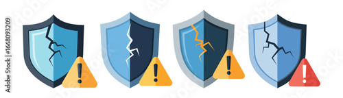 A collection of cracked shield icons with warning signs, symbolizing critical system vulnerabilities, data breaches, and compromised digital protection.
