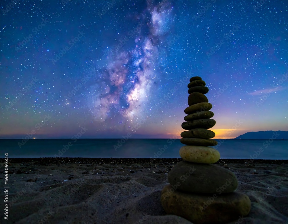 Obraz premium Night Sky, Beach, Stone Stack, Milky Way